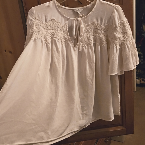 Lucky Brand White Peasant Keyhole Lace Accent Oversized Womens Top Blouse Size S - Picture 3 of 7